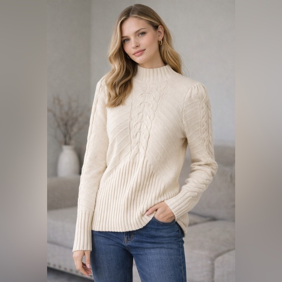 Marled Sweaters - Marled Cream Cable Knit Mock Neck Sweater M Cozy Chunky Ribbed Winter Pullover